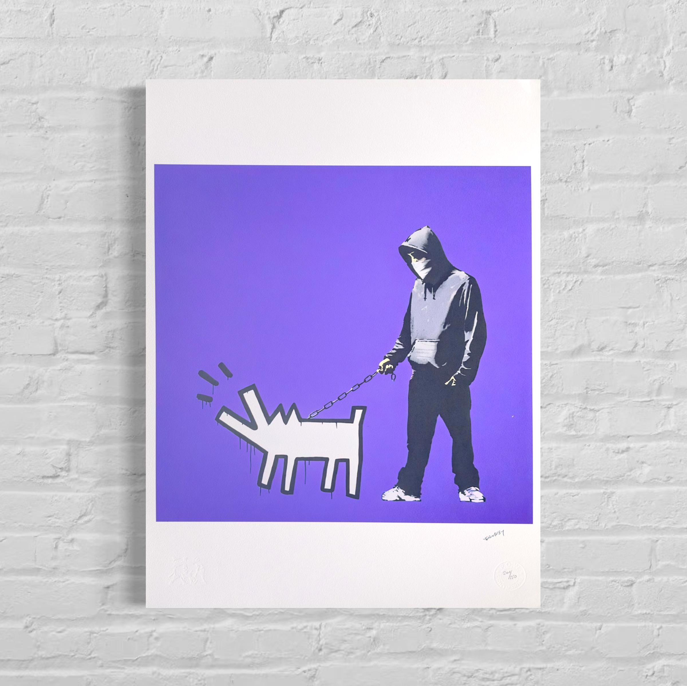 Genummerde editie BANKSY Barking dog (paars) Gesigneerd - certificaat - Wall Art, Grafitti Art, Lithograph, Stencil Art
